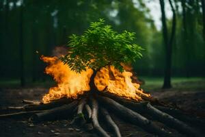 ein Baum mit ein Feuer im das Mitte von Es. KI-generiert foto