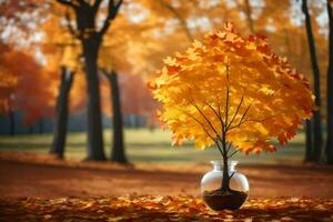 ein Vase mit ein Single Baum im das Mitte von ein Feld von Herbst Blätter. KI-generiert foto