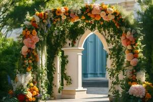 ein Hochzeit Bogen dekoriert mit Blumen. KI-generiert foto