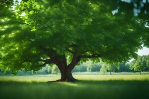 ein groß Baum im das Mitte von ein Feld. KI-generiert foto