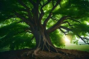 ein groß Baum mit Grün Blätter und Sonnenlicht. KI-generiert foto