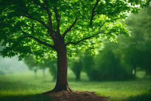 ein Baum ist Stehen im das Mitte von ein Grün Feld. KI-generiert foto