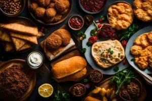 ein Vielfalt von Essen auf ein Tisch. KI-generiert foto