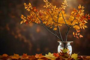 Herbst Blätter im ein Vase auf ein Tabelle mit ein Licht. KI-generiert foto