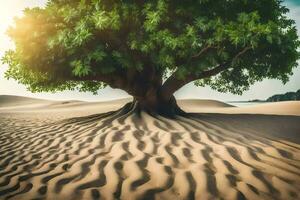 ein Baum im das Wüste mit Sand Dünen. KI-generiert foto