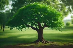 ein Baum im ein Feld mit Grün Blätter. KI-generiert foto