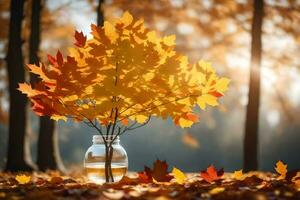 Herbst Blätter im ein Vase auf das Boden. KI-generiert foto