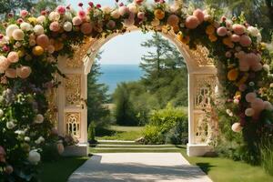ein Hochzeit Bogen mit Blumen und ein Aussicht von das Ozean. KI-generiert foto