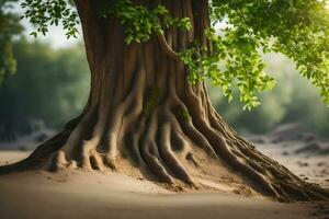 ein Baum mit Wurzeln im das Sand. KI-generiert foto