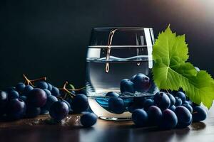 ein Glas von Wasser mit Trauben und Blätter. KI-generiert foto