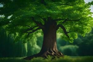 ein groß Baum im das Mitte von ein Feld. KI-generiert foto