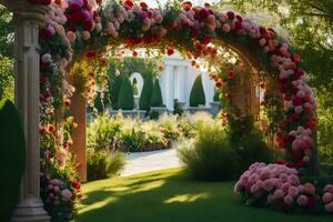 ein Garten Torbogen mit Blumen und Grün. KI-generiert foto