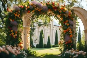 ein Hochzeit Bogen dekoriert mit Blumen. KI-generiert foto