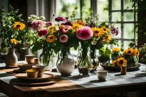 ein Tabelle mit Blumen und Platten auf Es. KI-generiert foto
