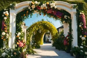 ein Hochzeit Bogen dekoriert mit Blumen und Grün. KI-generiert foto