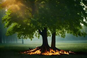 ein Baum mit Feuer im das Mitte von Es. KI-generiert foto