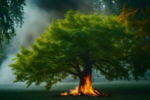 ein Baum mit ein Feuer im das Mitte von Es. KI-generiert foto