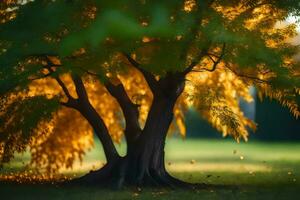 ein Baum mit Gelb Blätter im das Gras. KI-generiert foto