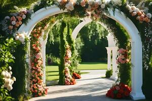 ein Hochzeit Bogen mit Blumen und Grün. KI-generiert foto