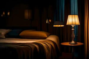 ein Bett mit ein Lampe auf es im ein dunkel Zimmer. KI-generiert foto