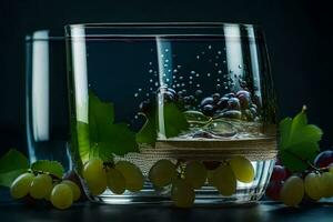 ein Glas mit Trauben und Wasser auf ein dunkel Hintergrund. KI-generiert foto