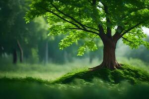 ein Baum ist Stehen im das Mitte von ein Grün Feld. KI-generiert foto