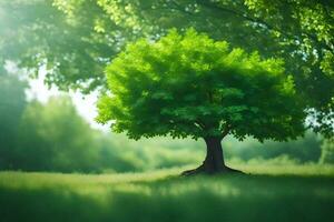 ein Single Baum im das Mitte von ein Grün Feld. KI-generiert foto