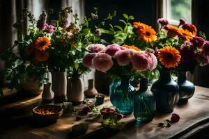 Blumen im Vasen auf ein Tisch. KI-generiert foto