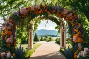 ein Hochzeit Bogen mit Blumen und Bäume. KI-generiert foto