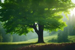 ein Baum ist Stehen im das Mitte von ein Feld. KI-generiert foto