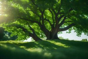 ein Baum ist Stehen im das Mitte von ein grasig Feld. KI-generiert foto