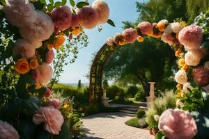 ein Hochzeit Bogen mit Rosa und Orange Blumen. KI-generiert foto