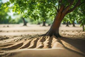 ein Baum mit Wurzeln im das Sand. KI-generiert foto