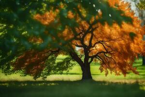 ein Baum mit Orange Blätter im das Gras. KI-generiert foto