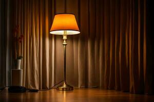 ein Lampe ist Sitzung auf ein Tabelle im Vorderseite von ein Vorhang. KI-generiert foto