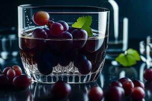 ein Glas von Wein mit Trauben auf ein dunkel Hintergrund. KI-generiert foto