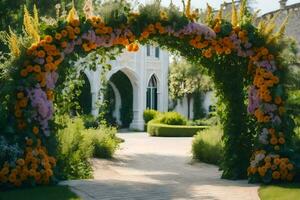 ein Hochzeit Bogen gemacht von Blumen im Vorderseite von ein Haus. KI-generiert foto