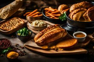 ein Tabelle mit verschiedene Lebensmittel einschließlich brot, Kartoffeln und andere Lebensmittel. KI-generiert foto