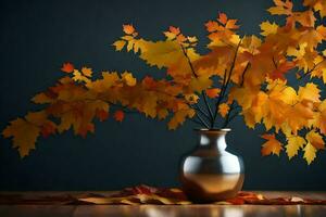 ein Vase mit Herbst Blätter auf ein Tisch. KI-generiert foto