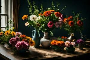 Blumen im Vasen auf ein Tabelle im Vorderseite von ein Fenster. KI-generiert foto