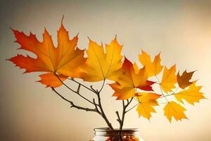 ein Vase gefüllt mit Herbst Blätter und ein Glas Krug. KI-generiert foto