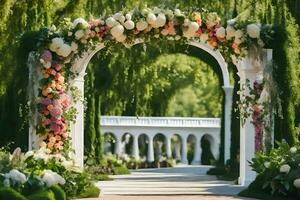 ein Hochzeit Bogen dekoriert mit Blumen im das Mitte von ein Garten. KI-generiert foto