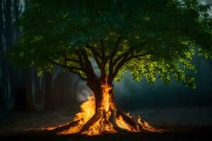 ein Baum mit Flammen Kommen aus von es im das dunkel. KI-generiert foto