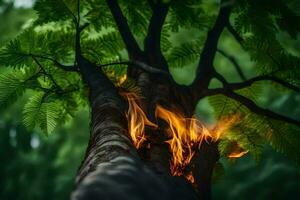 ein Baum mit Flammen Kommen von Es. KI-generiert foto