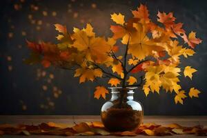 Herbst Blätter im ein Vase auf ein Tisch. KI-generiert foto