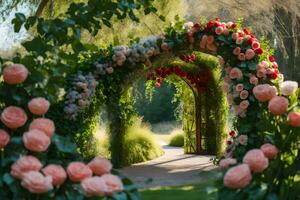 ein schön Torbogen mit Rosa Blumen und Grün Gras. KI-generiert foto