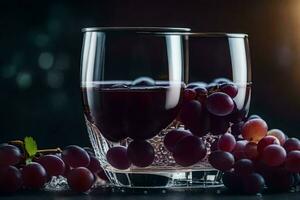 zwei Brille von Wein mit Trauben auf ein dunkel Hintergrund. KI-generiert foto