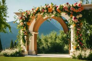 ein Hochzeit Bogen mit Blumen und Berge im das Hintergrund. KI-generiert foto