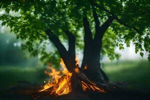 ein Lagerfeuer ist zündete im das Mitte von ein Wald. KI-generiert foto