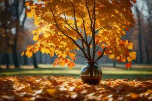 Herbst Blätter im ein Vase auf das Boden. KI-generiert foto